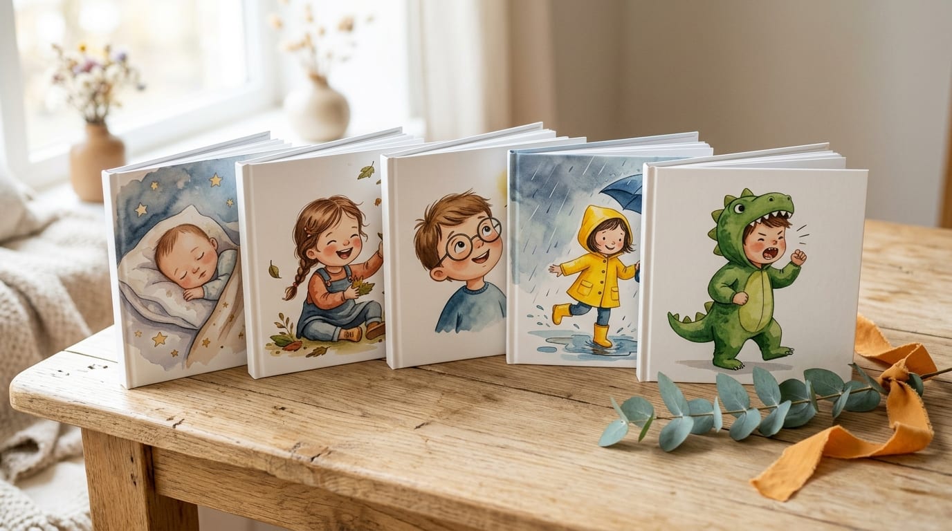 Five personalized hardcover storybooks fanned across a table