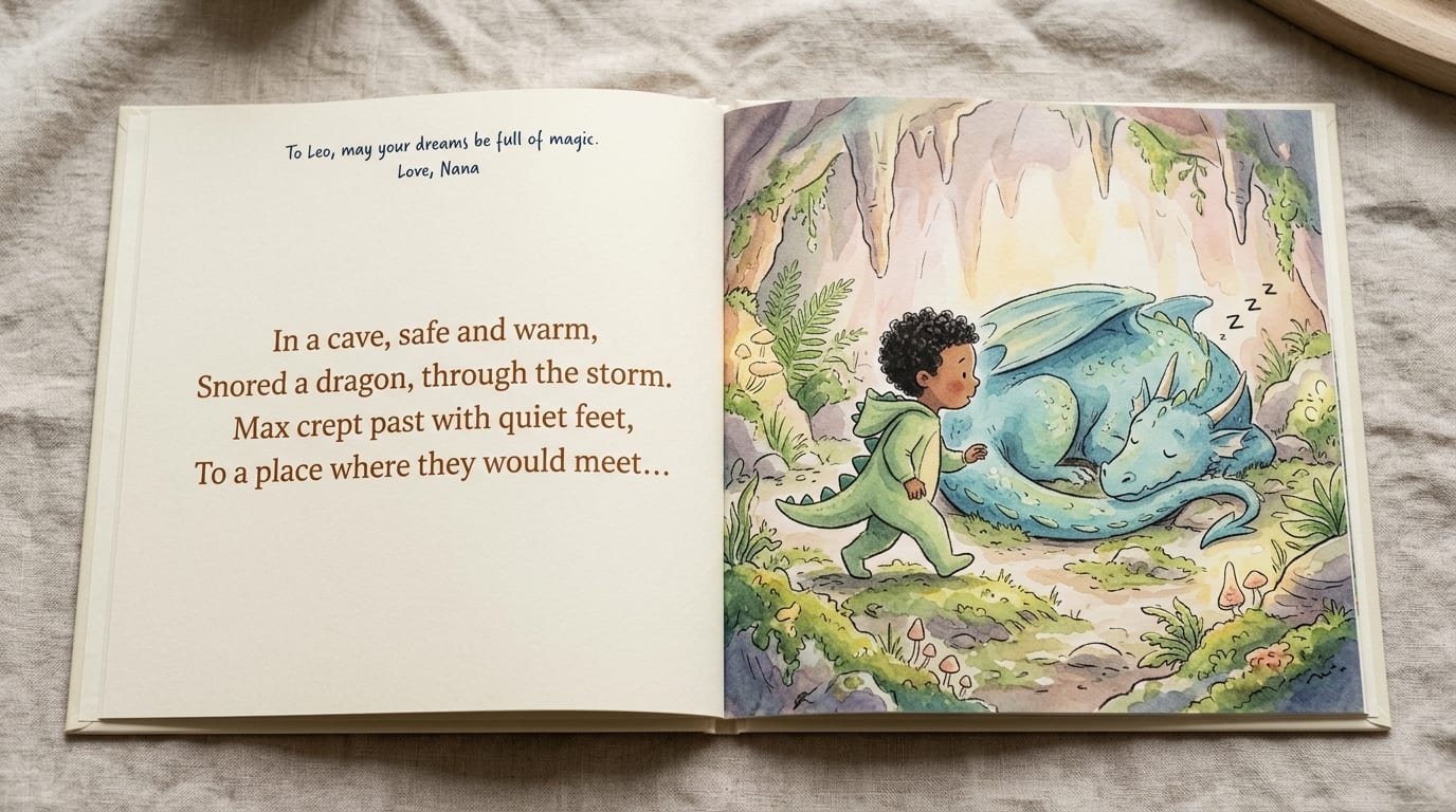 The hardcover open to a story spread with a dedication at the top of the page