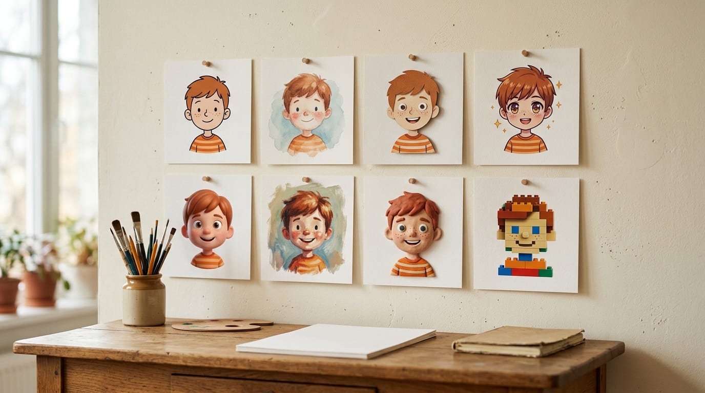 Art prints of the same child in ten illustration styles pinned on a wall