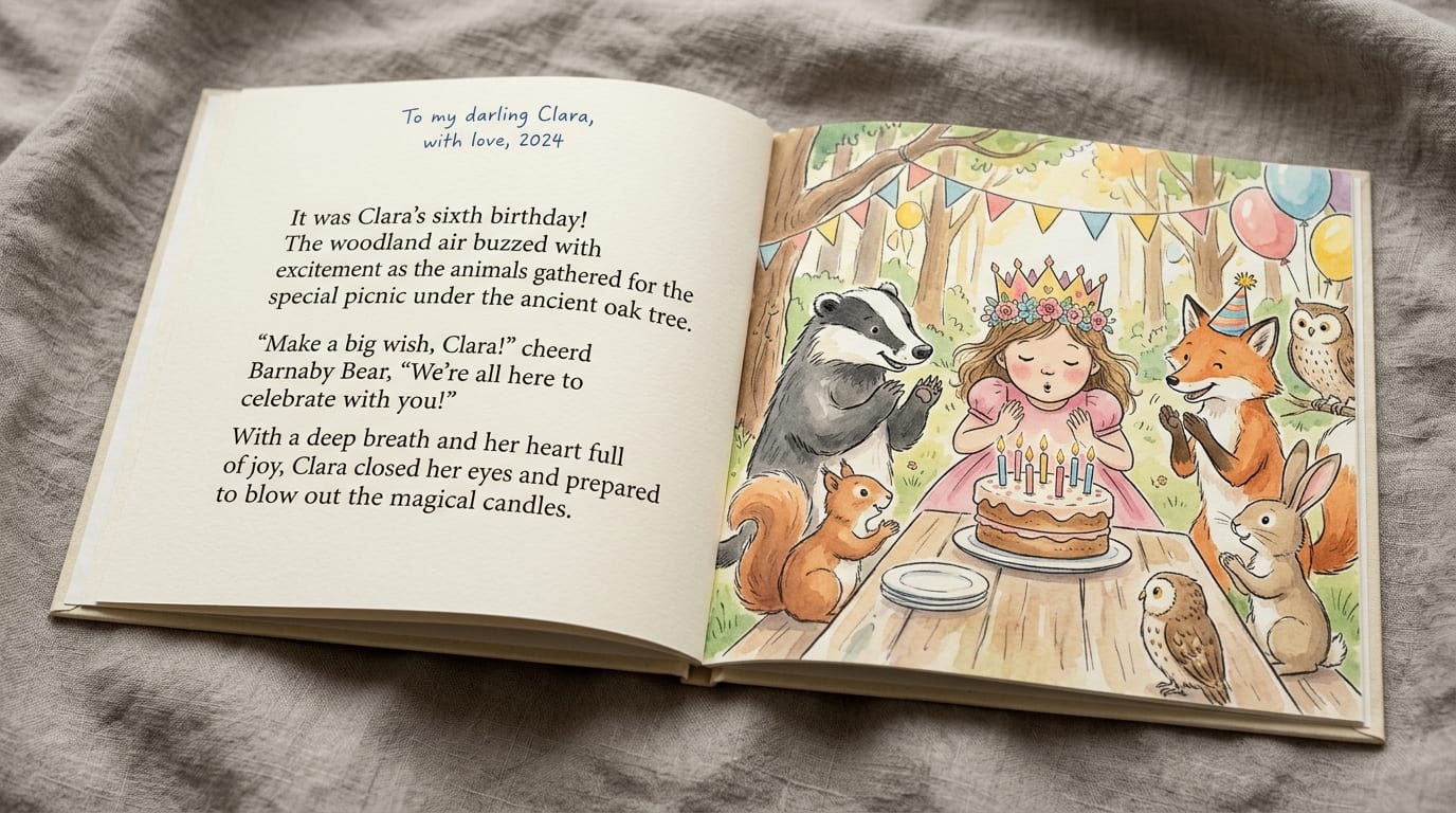 The printed hardcover open to a story spread