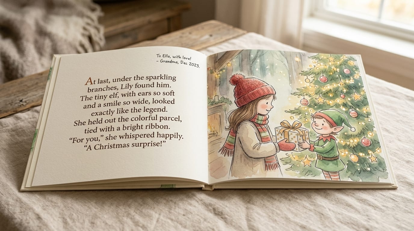 The printed hardcover open to a story spread