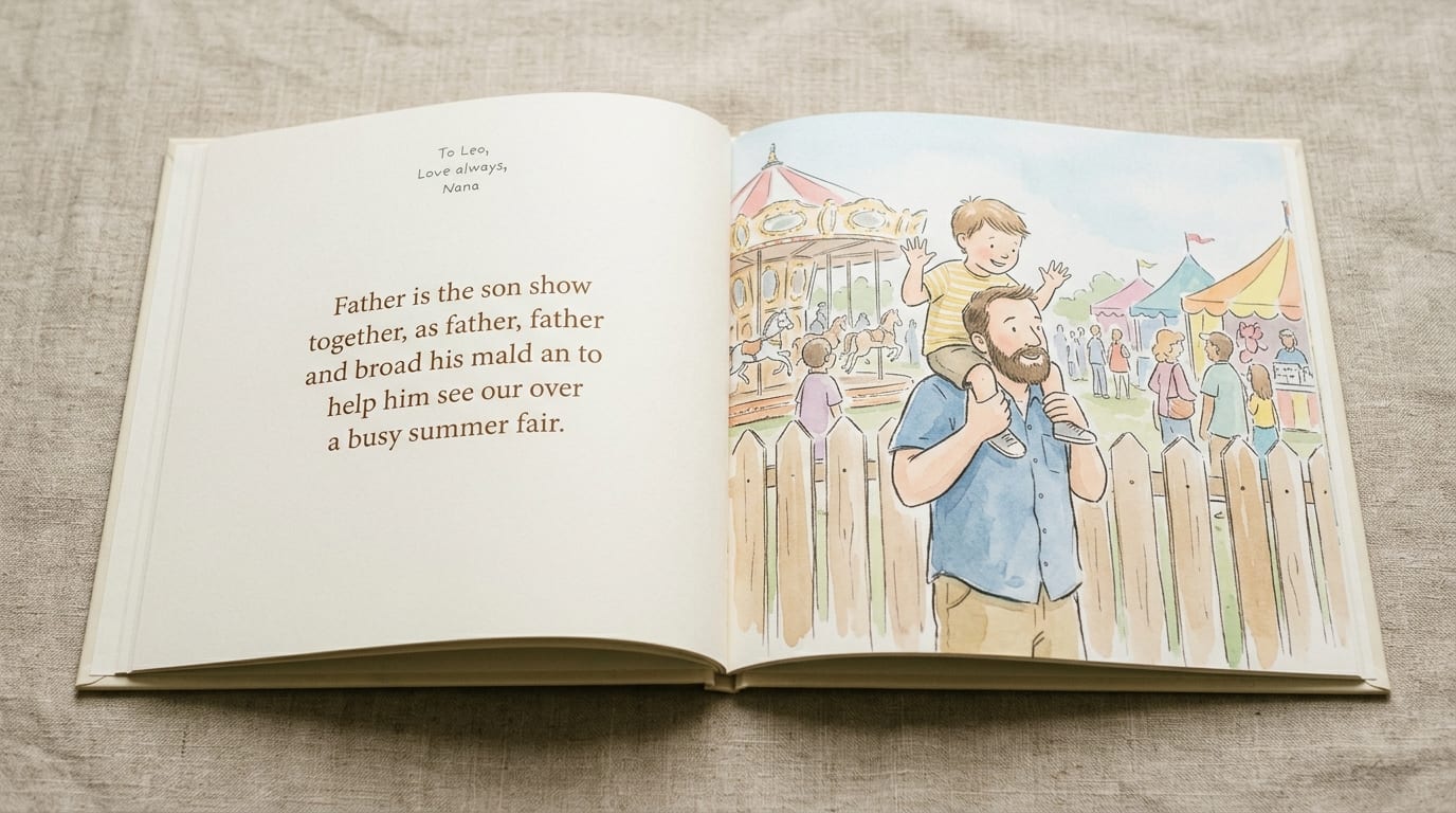The printed hardcover open to a story spread