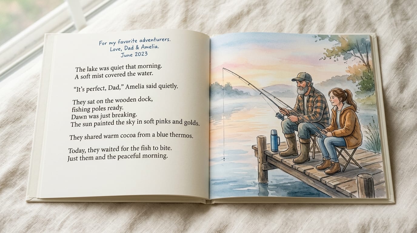 The printed hardcover open to a story spread