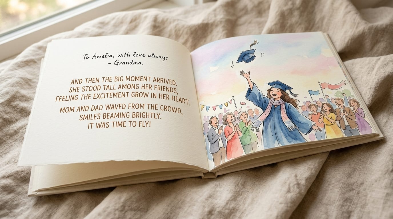 The printed hardcover open to a story spread