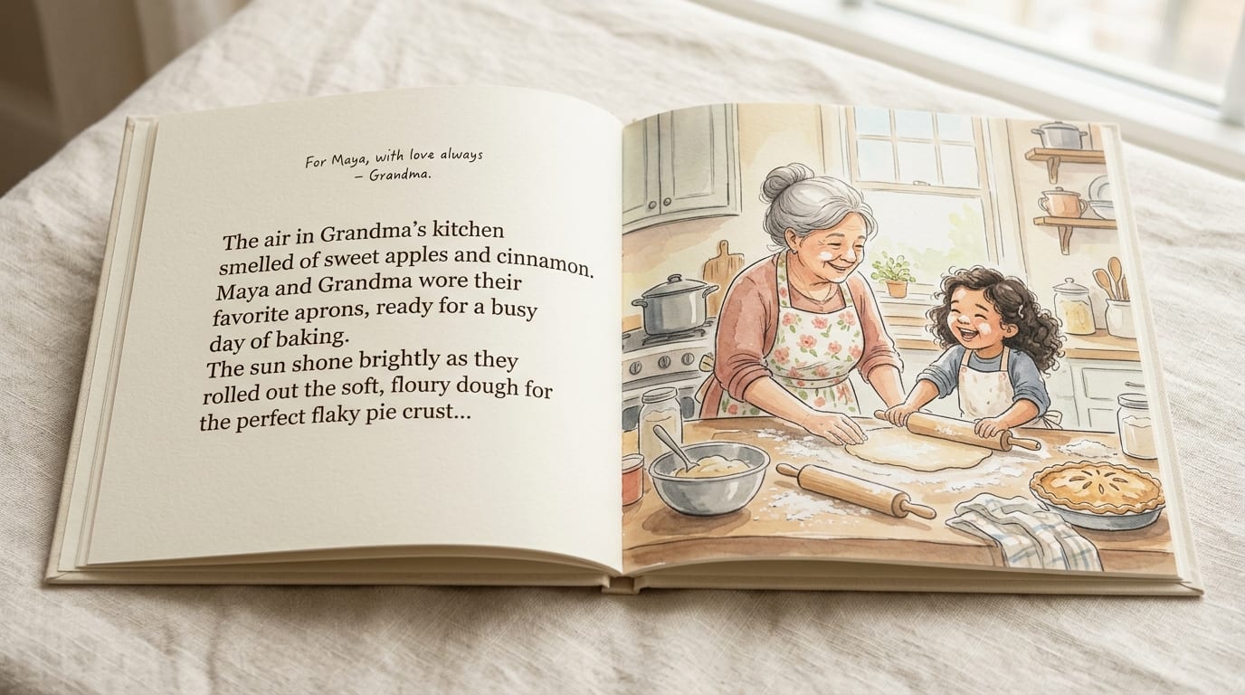 The printed hardcover open to a story spread