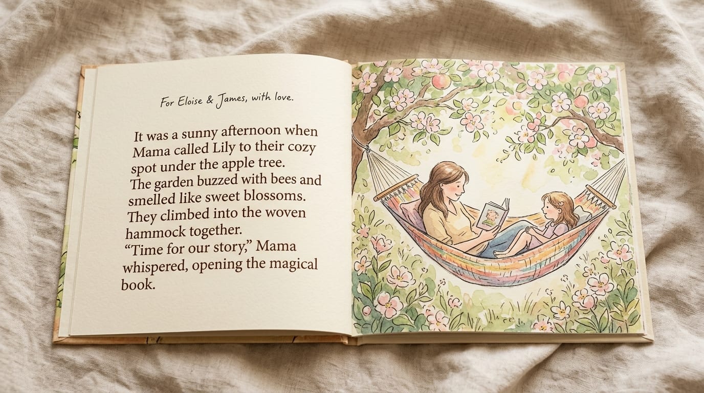 The printed hardcover open to a story spread
