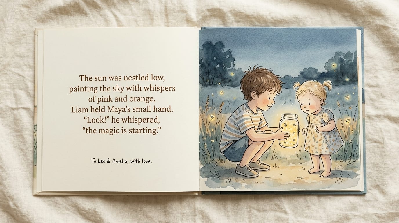 The printed hardcover open to a story spread