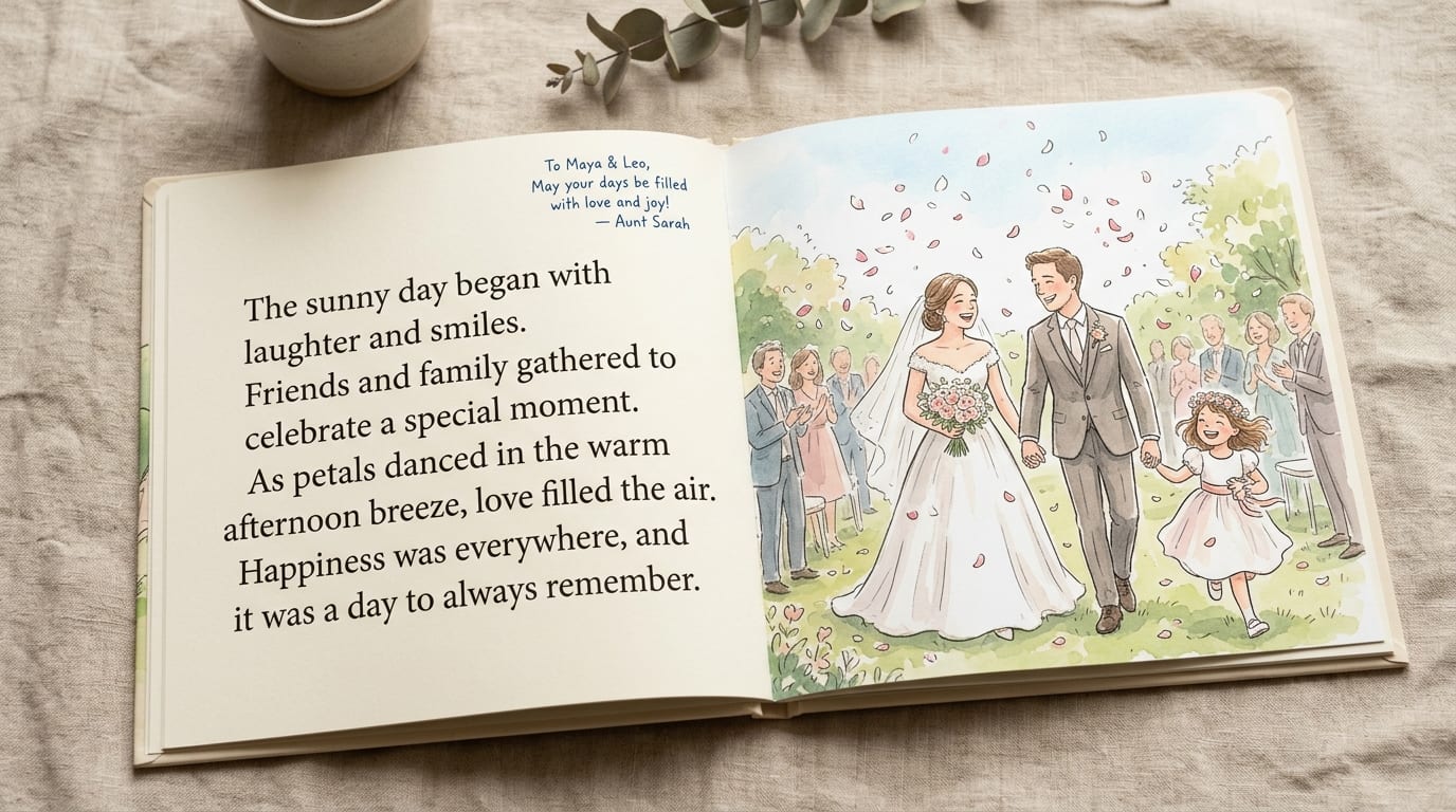 The printed hardcover open to a story spread