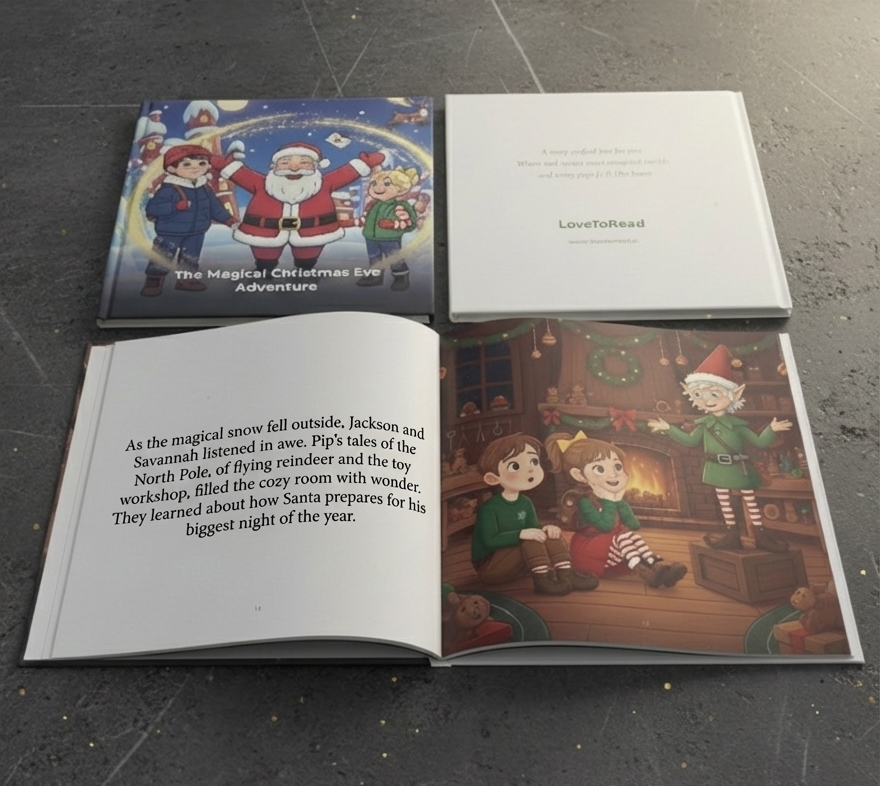 Open personalized storybook showing illustrated pages